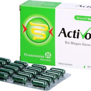 Activomin Kapseln, 60 grüne Kapseln in einer grün-weißen Box mit „Wirkstoff Huminsäuren WH67“ und „Bei Magen-Darm-Beschwerden“ auf der Verpackung.